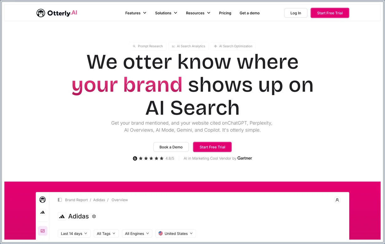 Startseite von Otterly.AI mit Dashboard für Prompt-basiertes KI-Sichtbarkeits-Tracking