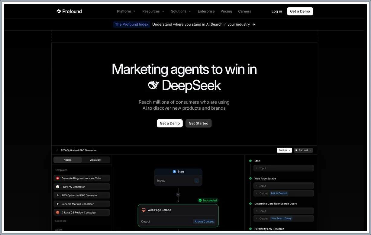 Startseite von Profound mit Dashboard zur Zitationsanalyse über mehrere KI-Assistenten
