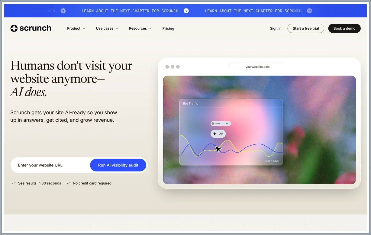 Scrunch AI Dashboard mit Multi-Engine-Monitoring und der Agent Experience Platform als Ausliefer-Schicht