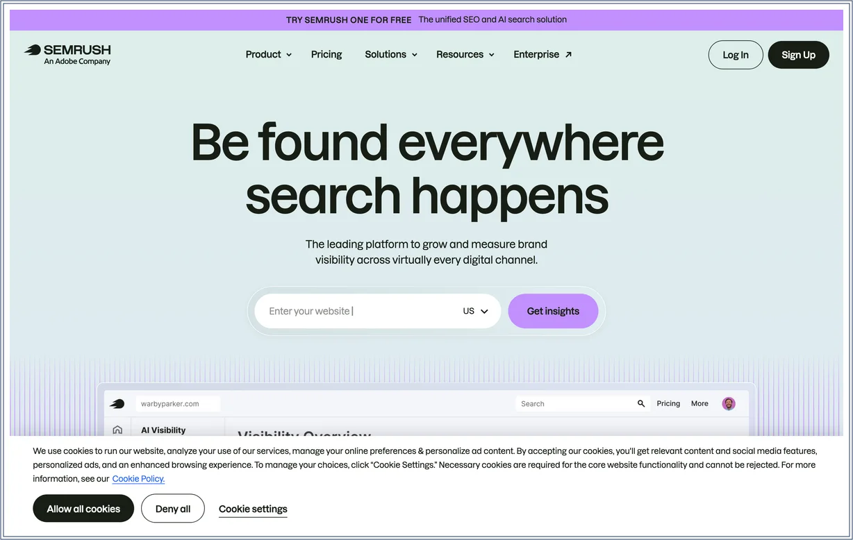 Startseite von Semrush mit Übersicht zum AI Visibility Toolkit für KI-Sichtbarkeit